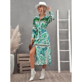 Floral & Paisley Print Belted Shirt Dress