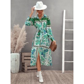 Floral & Paisley Print Belted Shirt Dress