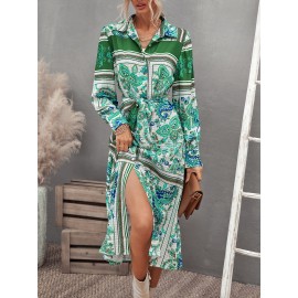 Floral & Paisley Print Belted Shirt Dress