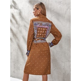 Polka Dot & Paisley Print Belted Shirt Dress