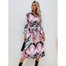 Floral & Paisley Print Belted Shirt Dress