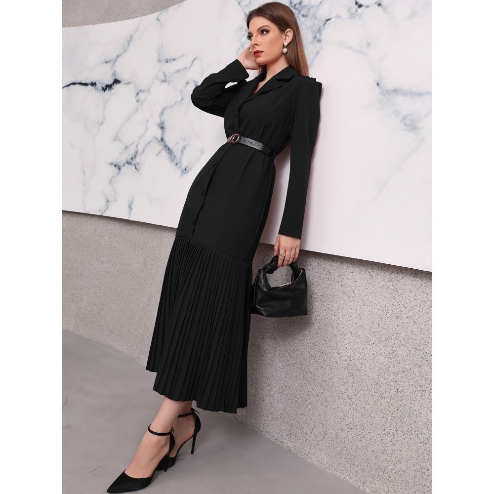 Lapel Collar Pleated Hem Belted Dress