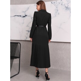 Lapel Collar Pleated Hem Belted Dress