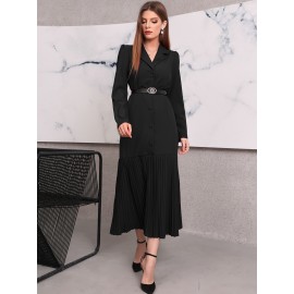 Lapel Collar Pleated Hem Belted Dress