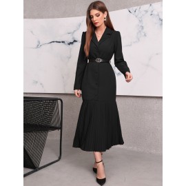 Lapel Collar Pleated Hem Belted Dress