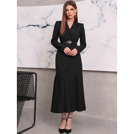 Lapel Collar Pleated Hem Belted Dress