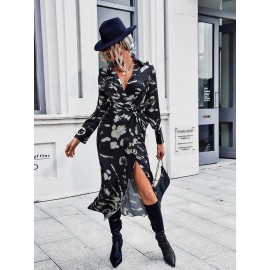 Allover Print Patched Pocket Tie Side Wrap Dress