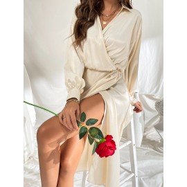 Drop Shoulder Wrap Satin Dress