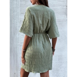 Textured Button Front Pocket Patched Dress