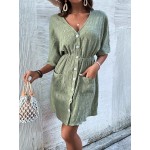 Textured Button Front Pocket Patched Dress