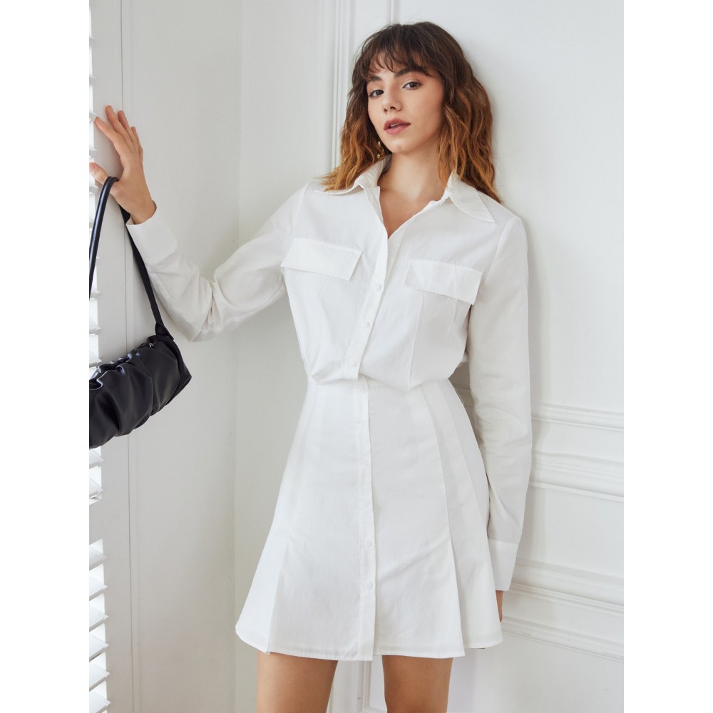 Solid Flap Detail Shirt Dress