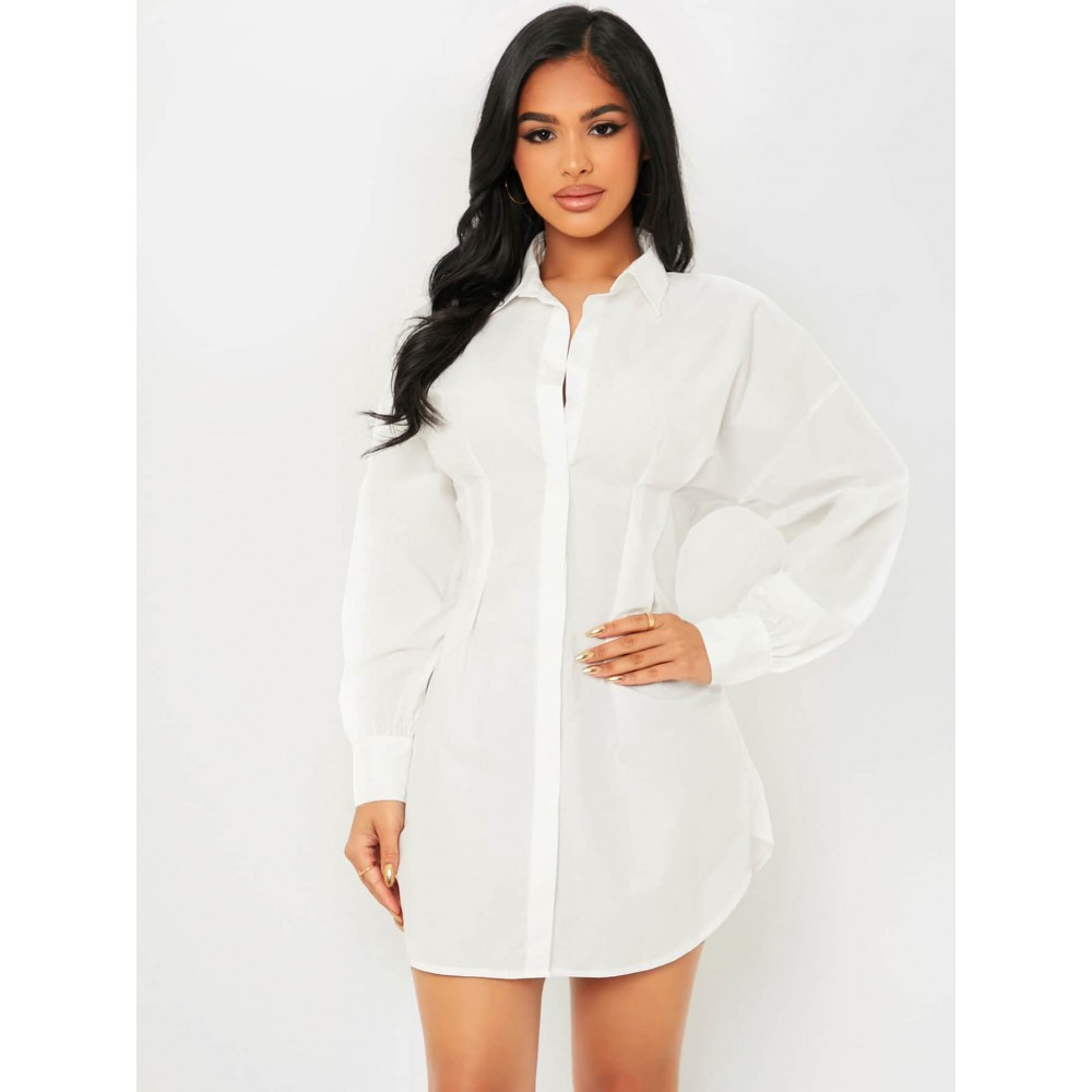 Button Front Drop Shoulder Curved Hem Shirt Dress