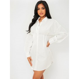 Button Front Drop Shoulder Curved Hem Shirt Dress