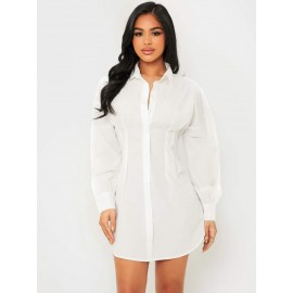 Button Front Drop Shoulder Curved Hem Shirt Dress