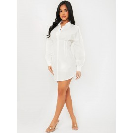 Button Front Drop Shoulder Curved Hem Shirt Dress