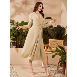 Shawl Collar Wrap Knot Side Pleated Dress