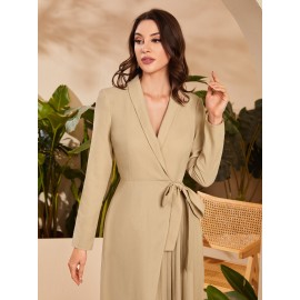 Shawl Collar Wrap Knot Side Pleated Dress