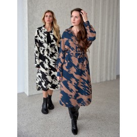 1pc Brush Print Drop Shoulder Belted Shirt Dress