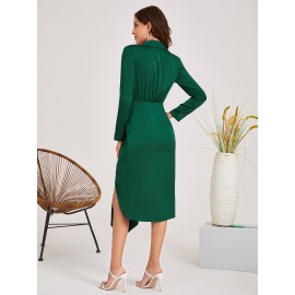 Lapel Collar Ruched Split Thigh Dress