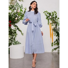 Vertical Striped Lantern Sleeve Contrast Collar Belted Dress