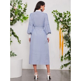 Vertical Striped Lantern Sleeve Contrast Collar Belted Dress