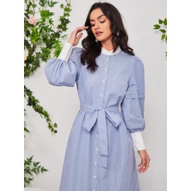 Vertical Striped Lantern Sleeve Contrast Collar Belted Dress