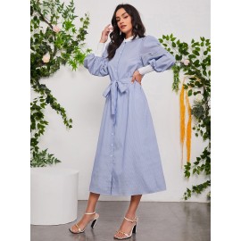 Vertical Striped Lantern Sleeve Contrast Collar Belted Dress