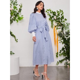 Vertical Striped Lantern Sleeve Contrast Collar Belted Dress