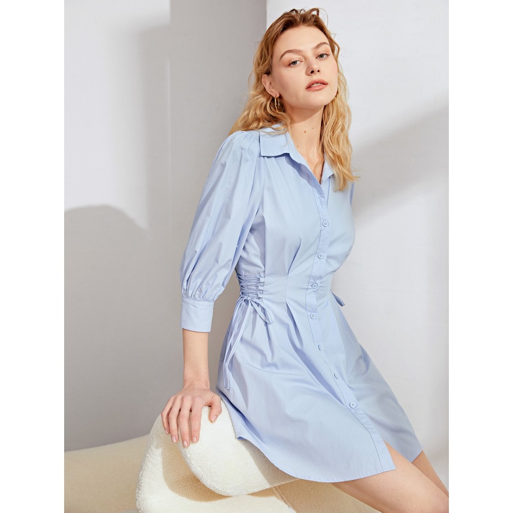 Lace Up Side Plicated Detail Puff Sleeve Shirt Dress