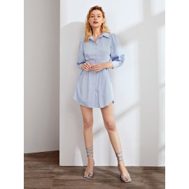 Lace Up Side Plicated Detail Puff Sleeve Shirt Dress