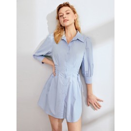 Lace Up Side Plicated Detail Puff Sleeve Shirt Dress