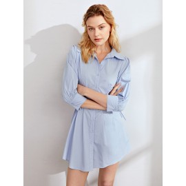 Lace Up Side Plicated Detail Puff Sleeve Shirt Dress