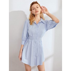 Lace Up Side Plicated Detail Puff Sleeve Shirt Dress