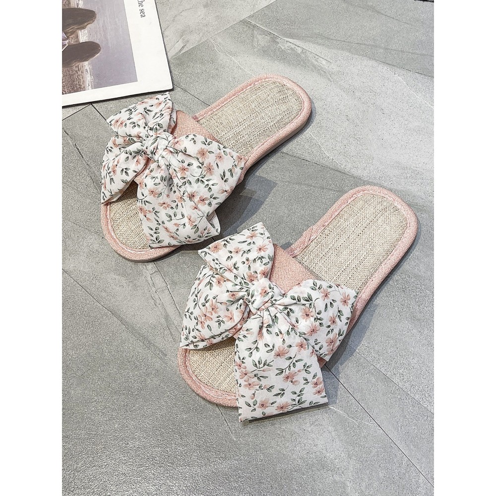 Floral Print Bow Decor Bedroom Slippers