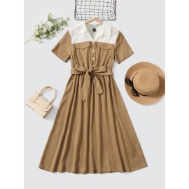 Two Tone Belted Shirt Dress