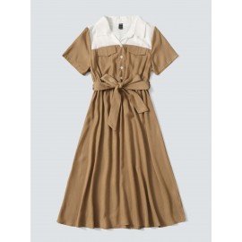 Two Tone Belted Shirt Dress