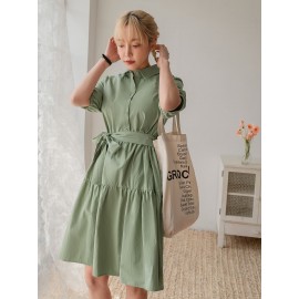 Solid Puff Sleeve Ruffle Hem Belted Dress