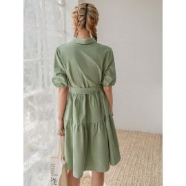 Solid Puff Sleeve Ruffle Hem Belted Dress