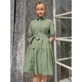 Solid Puff Sleeve Ruffle Hem Belted Dress