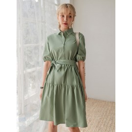 Solid Puff Sleeve Ruffle Hem Belted Dress