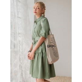 Solid Puff Sleeve Ruffle Hem Belted Dress