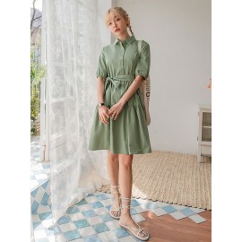 Solid Puff Sleeve Ruffle Hem Belted Dress