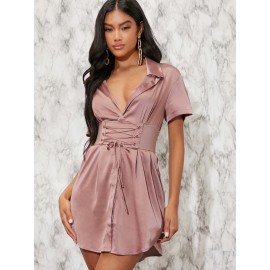 Lace Up Corset Waist Shirt Dress