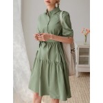 Solid Puff Sleeve Ruffle Hem Belted Dress