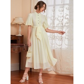 Puff Sleeve Fold Pleated Belted Shirt Dress