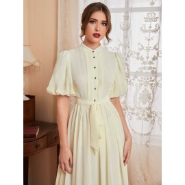 Puff Sleeve Fold Pleated Belted Shirt Dress