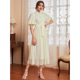 Puff Sleeve Fold Pleated Belted Shirt Dress