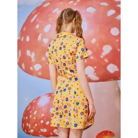 Allover Floral Print Lapel Neck Dress