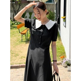 Peter Pan Collar Button Front High Waist Dress