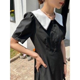 Peter Pan Collar Button Front High Waist Dress